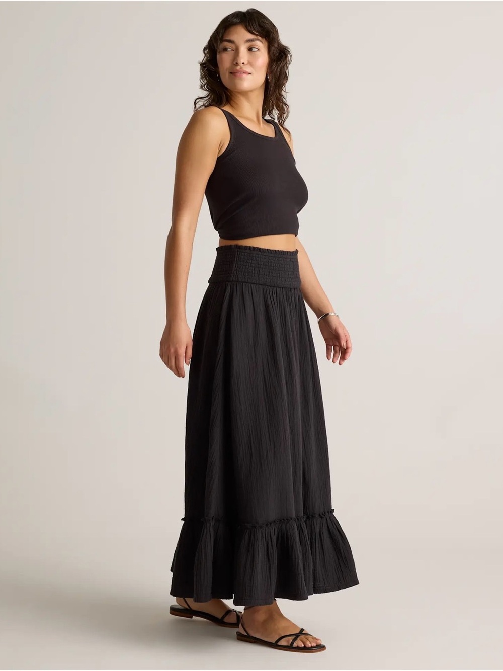 Quince 100% Organic Cotton Gauze Smocked Maxi Skirt Size Small Black NEW